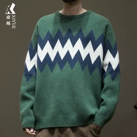 高级感菱形撞色毛衣男秋冬800g日系套头针织衫宽松大码打底衫上衣商品大图