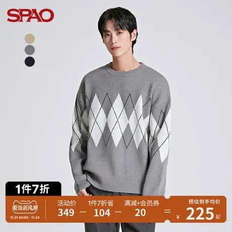 SPAO男士韩国同款春季新款菱形格圆领套头毛衣SPKWC4TC11商品大图