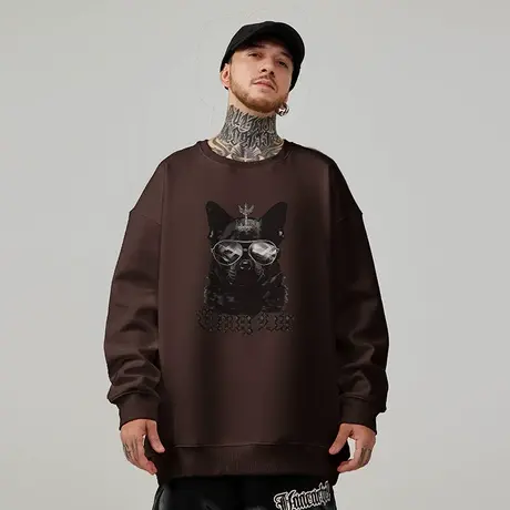 美式复古重磅卫衣大码春秋冬款圆领加绒宽松狗头胖子男生潮牌无帽图片