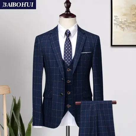 西服套装男士新郎结婚礼服韩版修身商务格子休闲小西装外套男上衣商品大图