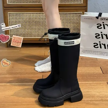 黑色长筒靴女2023秋冬新款拼色字母休闲长靴英伦风厚底高筒骑士靴图片