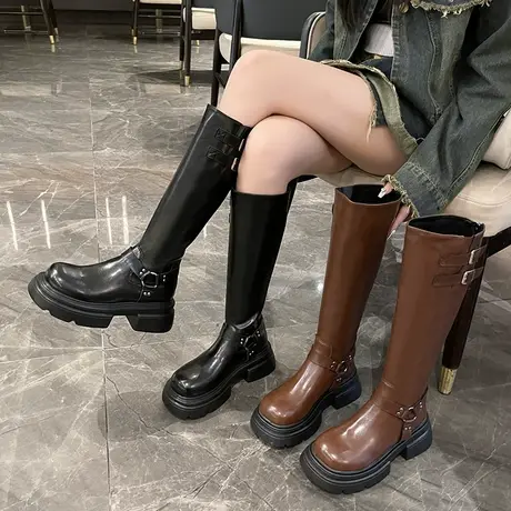 厚底长筒靴女2023春秋季新款法式英伦风百搭瘦瘦靴粗跟高跟骑士靴图片