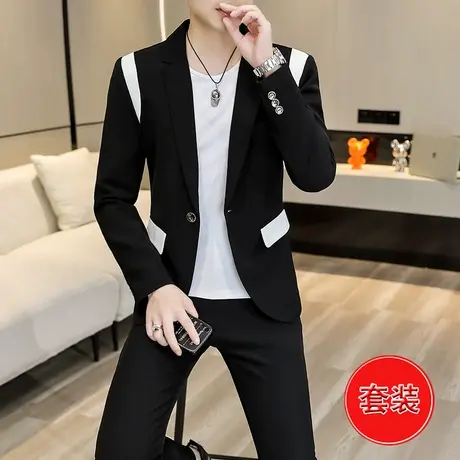 西服套装男士2023新款秋季ins潮流韩版痞帅气拼色修身小西服外套图片