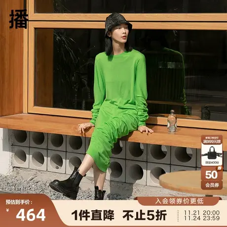 播秋新款%羊毛针织简约圆领不规则收腰连衣裙女BDPLD图片