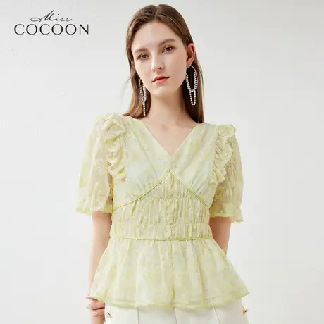 missCOCOON甜美上衣2023夏新款女装气质V领收腰优雅雪纺衫女商品大图