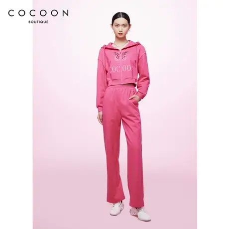COCOON商场同款时尚裤装2023春季新款女玫红松紧腰运动直筒休闲裤图片