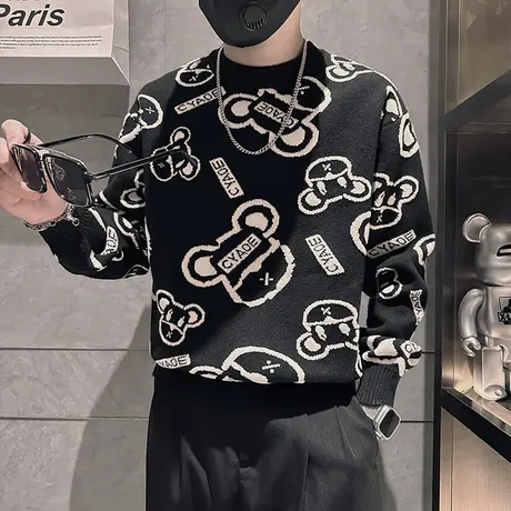 毛衣男冬季2023花色ins卡通提花高级感时尚宽松加厚针织打底线衣商品大图