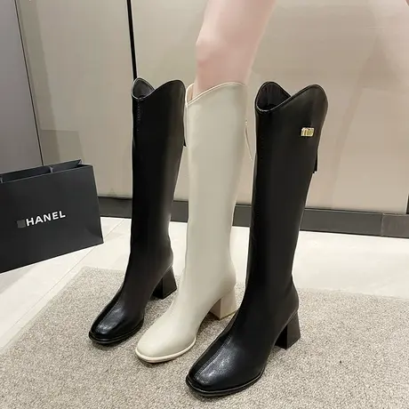 高筒骑士靴子女2023新款秋冬法式粗跟高跟长靴女长筒靴瘦瘦马丁靴图片