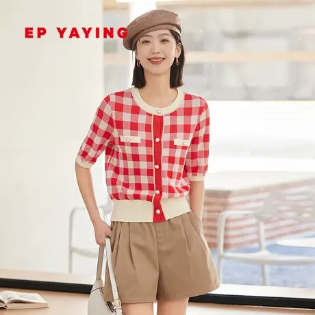 [小香风]EP雅莹女装 三醋酸棋盘格短袖针织开衫 2023新款9122A图片