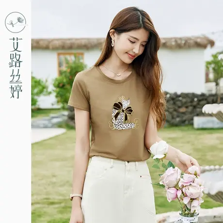 艾路丝婷豹纹猫咪图案t恤女短袖2023年夏季新款圆领遮肉显瘦上衣图片