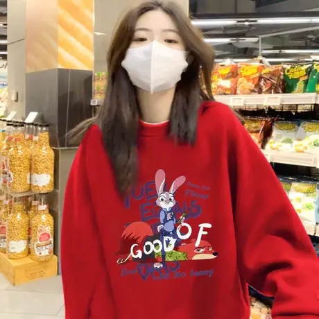 本命年红色加绒大码卫衣女2024秋冬季加厚宽松过年穿的长袖上衣商品大图