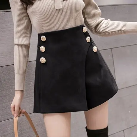 2023秋冬新款复古双排扣百搭毛呢短裙高腰时尚不规则短裤外穿包裙图片
