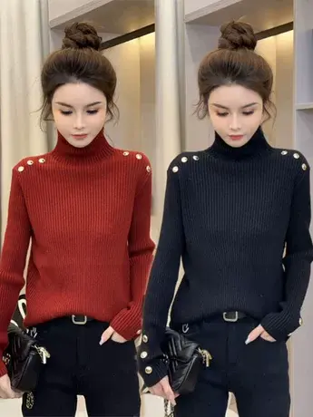 设计感多纽扣高领长袖毛衣女装秋冬新款过年春季打底衫针织衫上衣商品大图