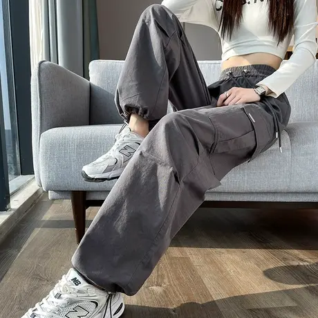 美式工装裤女春秋2024新款高腰直筒小个子阔腿束脚灰色休闲运动裤商品大图