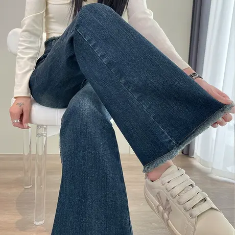 蓝色喇叭裤女2024年春秋新款高腰显瘦小个子微喇直筒拖地牛仔裤子图片