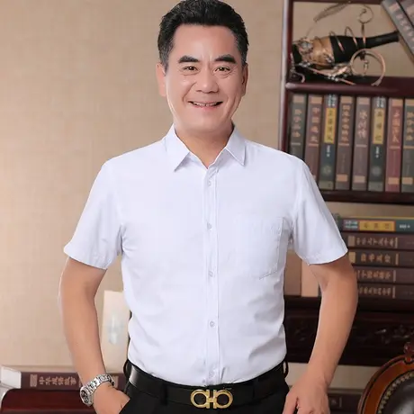 纯白色男士短袖衬衫职业商务正装中年夏季薄款冰丝衬衣爸爸上衣服图片