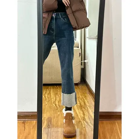 卷边直筒牛仔裤女小个子春秋冬设计感小众高腰复古美式宽松烟管裤图片