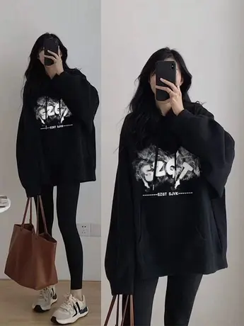 国潮vibe卫衣女小个子秋冬加绒oversize美式复古宽松大码外套上衣商品大图