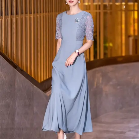 蕾丝拼接连衣裙女2024年夏季新款时尚气质高级感修身中长款大摆裙图片