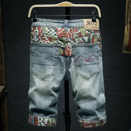 夏天男士牛仔短裤男潮牌刺绣五分裤拼接日系复古做旧破洞中裤学生商品大图