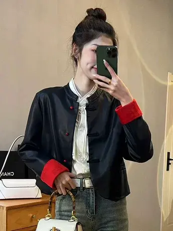 2024春季新款高级感国风外套女百搭时尚新中式立领撞色皮衣外套商品大图