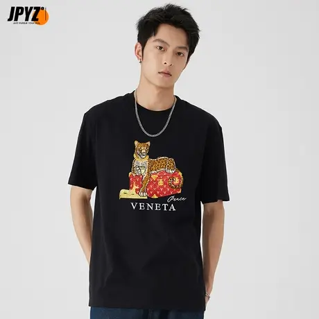 重磅复古凉感短袖刺绣印花男款纯棉体恤2023年新品男士夏天t恤潮商品大图