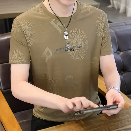 短袖T恤男士2024夏季新款冰丝半袖圆领体恤加肥加大码男装上衣服图片