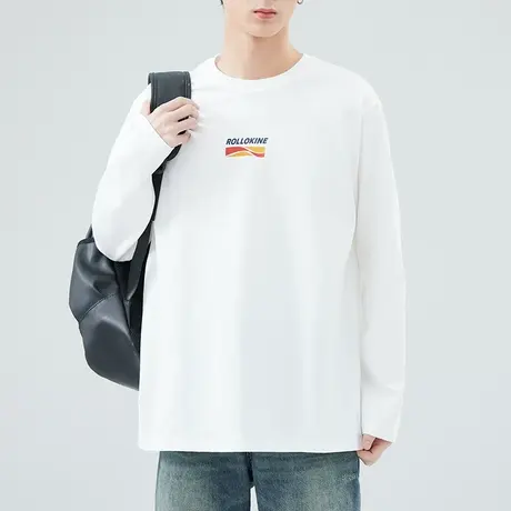 男士白色t恤男长袖圆领纯棉打底衫2024新款衣服男款内搭宽松上衣商品大图
