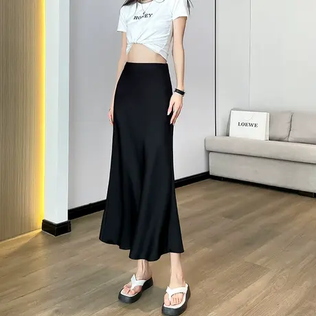鱼尾半身裙女夏季高腰垂感a字裙小个子黑色显瘦赫本小黑裙中长裙图片