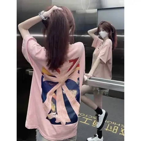 韩系美式复古纯棉T恤女装大版宽松短袖夏季圆领中长款半袖上衣ins商品大图