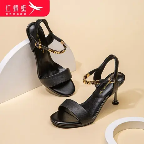 红蜻蜓圆头凉鞋女高跟鞋细跟2024年夏季夏天新款女鞋真皮妈妈凉鞋商品大图