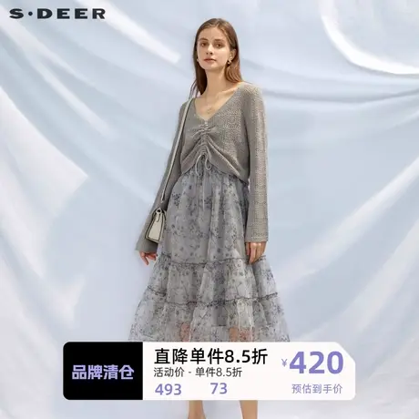 sdeer圣迪奥女装V领抽绳印花针织衫连衣裙套装S232Z1413图片