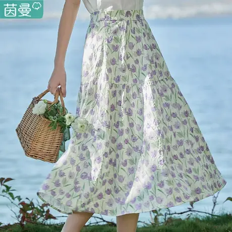 茵曼半身裙女2024新款夏款高腰A字中长款雪纺碎花裙长裙梨形身材图片