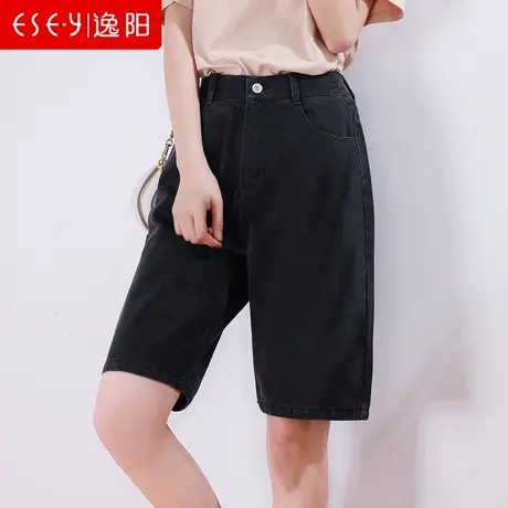逸阳黑色牛仔短裤女2024夏新BF风高腰显瘦直筒韩版宽松休闲五分裤商品大图