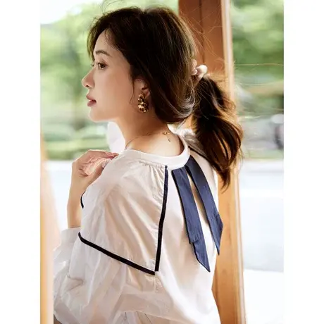 时尚气质长袖衬衫2023年秋季新款淑女温柔圆领宽松显瘦通勤上衣商品大图