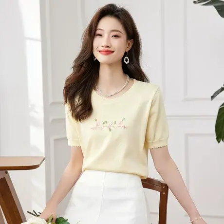 时尚气质短袖针织衫2023年夏季新款淑女温柔甜美圆领显瘦通勤上衣商品大图