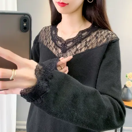 v领蕾丝毛衣女套头2023秋冬新款宽松针织衫外穿上衣内搭打底衫潮图片