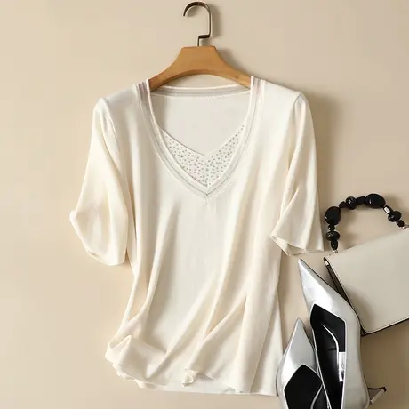 莫代尔V领打底衫女春装2023新款百搭爆款五分袖针织衫毛衣女上衣商品大图