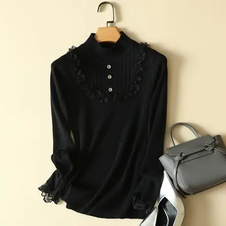 秋冬新款半高领毛衣女士气质蕾丝拼接针织衫修身长袖打底衫女上衣商品大图