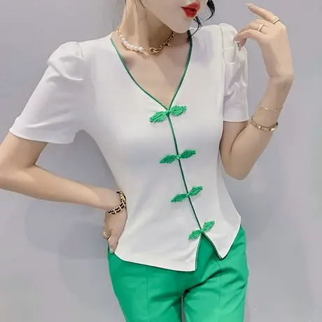 复古V领盘扣T恤女短袖2023中国风改良洋气上衣修身显瘦开叉小衫夏商品大图