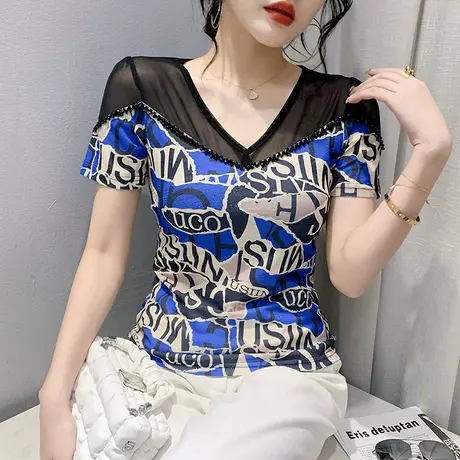 欧货网纱拼接T恤女短袖性感气质小衫时尚钉珠半袖字母印花上衣夏图片