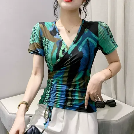 欧货性感V领T恤女短袖时尚印花系带网纱小衫紧身设计感小众上衣夏商品大图