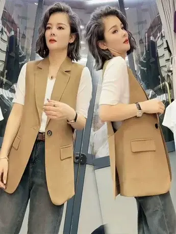 一粒扣马甲女无袖小背心2023年春秋季新款韩版后开叉西装马夹外套图片
