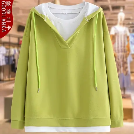 中年妈妈装春秋装长袖假两件遮肉上衣洋气加肥加大码卫衣女200斤图片