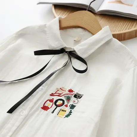 春装日系文艺小清新长袖白衬衫女学生纯棉双层纱宽松刺绣内搭衬衣图片