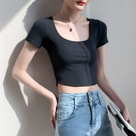 U领短款T恤女2022夏季新款显瘦露脐性感短袖上衣潮纯色内搭打底衫商品大图