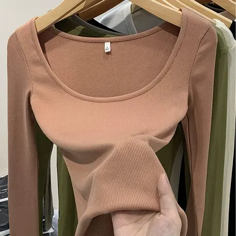 欧货圆领打底衫女内搭秋冬新纯色长袖T恤修身显瘦螺纹上衣针织衫商品大图