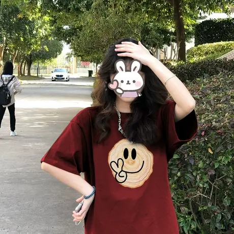 酒红色重磅纯棉短袖t恤女ins潮夏季宽松复古港味chic半袖上衣潮牌商品大图