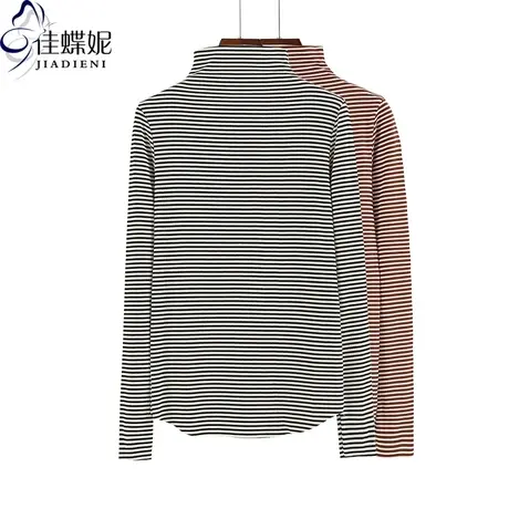 秋冬装韩版半高领修身长袖黑白条纹纯棉简约体恤打底衫女内搭上衣商品大图