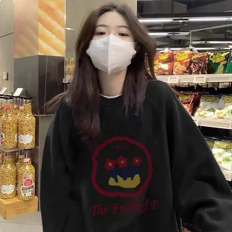 美式复古圆领卫衣女薄款早秋vintage潮牌高级感超好看宽松上衣ins图片